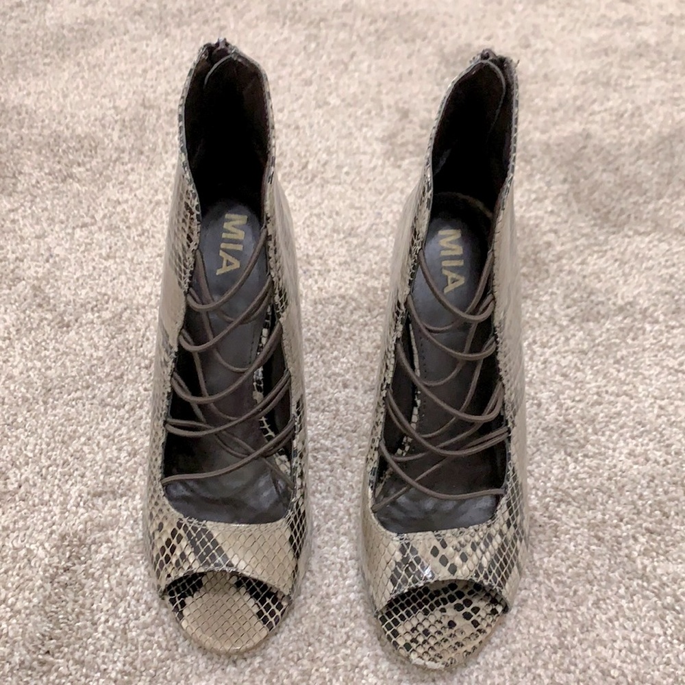 MIA snakeskin zip up open-toe shoe boots